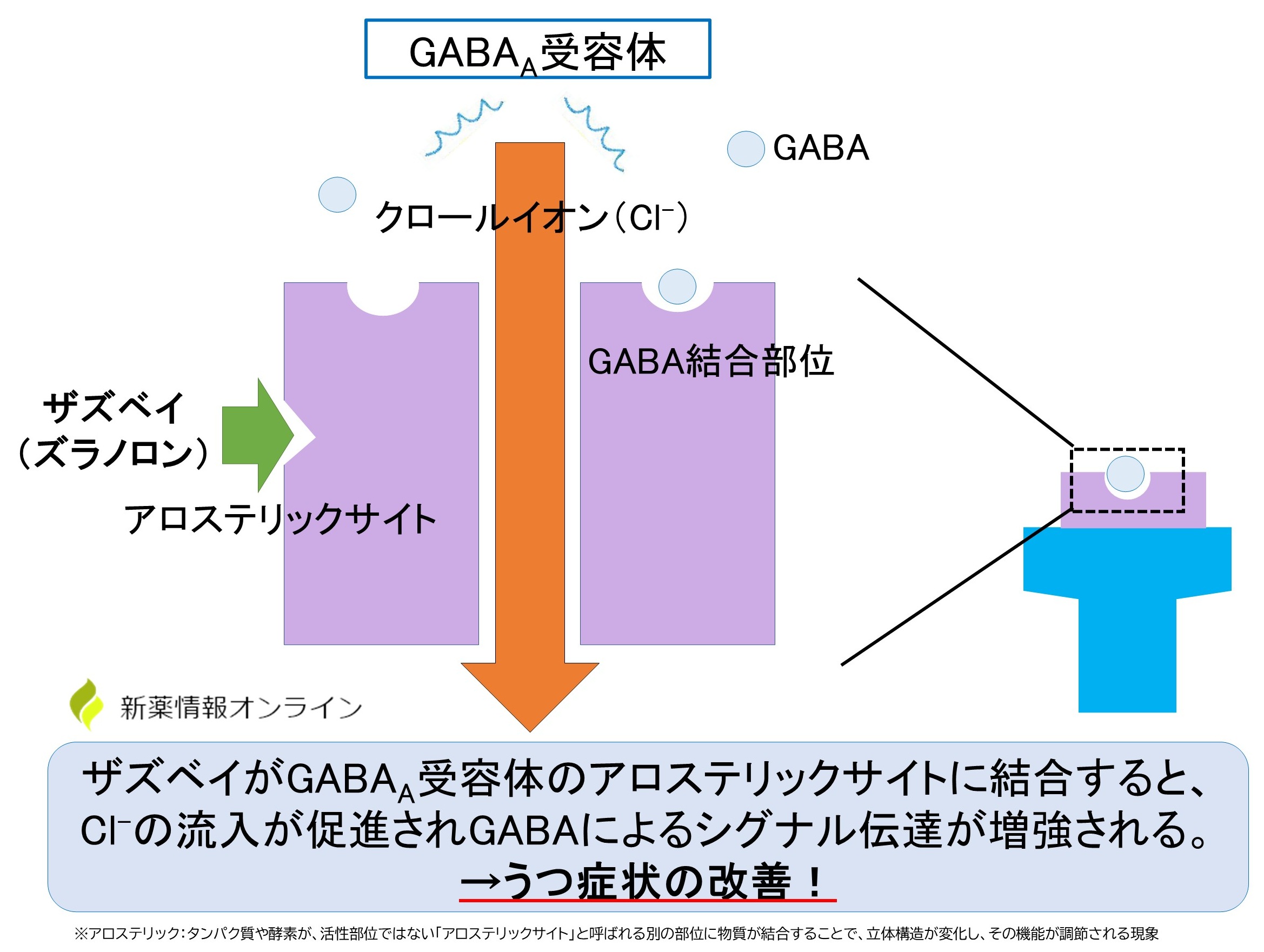 ザズベイ（ズラノロン）の作用機序：GABAA受容体のアロステリックサイトに結合してその働きを促進させるポジティブアロステリックモジュレーター