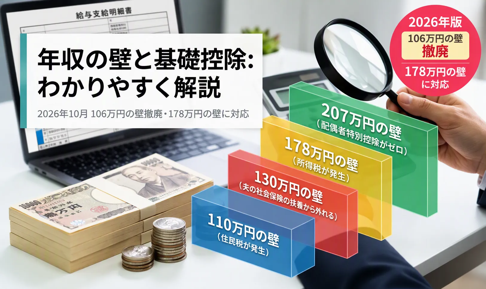 年収の壁と基礎控除をわかりやすく解説しています。
